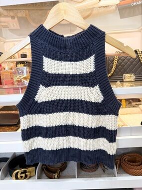 Taylor & Sage Navy and Cream Striped Sleeveless Knit Top